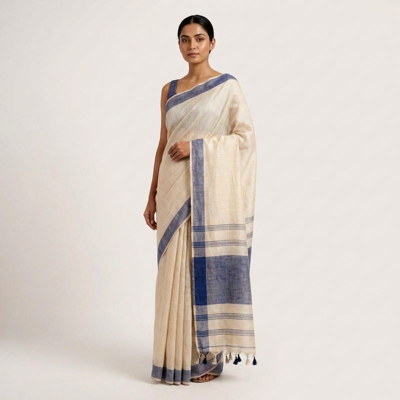 Blue woven cotton silk saree with blouse piece