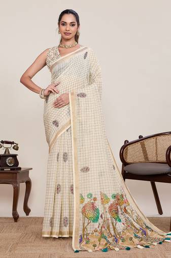 Beige linen saree printed designer border wedding wear saree with blouse elegant look
