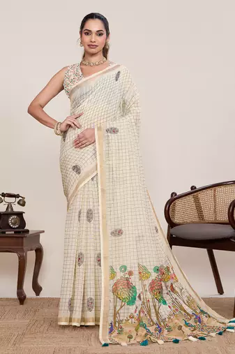 Beige linen saree printed designer border wedding wear saree with blouse elegant look