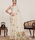 Beige linen saree printed designer border wedding wear saree with blouse elegant look