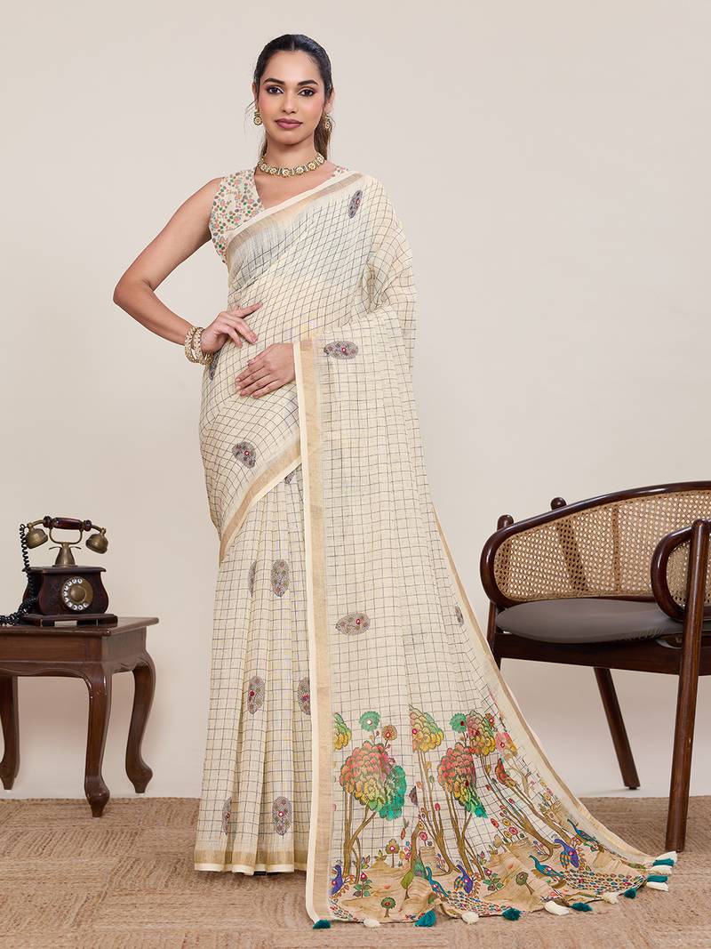 Beige linen saree printed designer border wedding wear saree with blouse elegant look