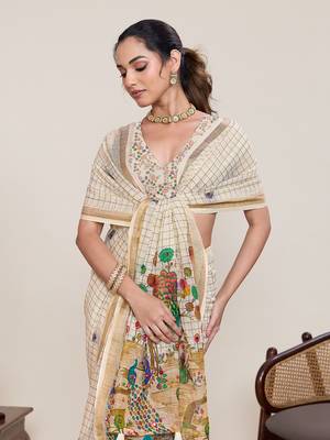 Beige linen saree printed designer border wedding wear saree with blouse elegant look 3