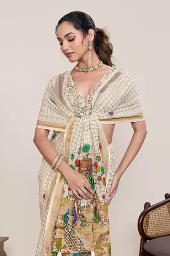 Beige linen saree printed designer border wedding wear saree with blouse elegant look