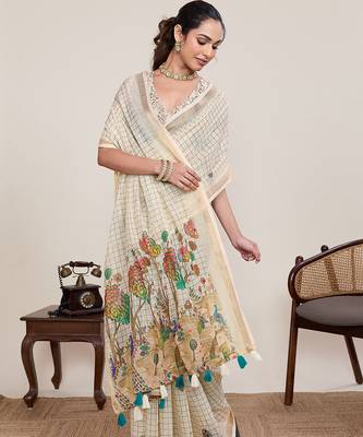 Beige linen saree printed designer border wedding wear saree with blouse elegant look 4