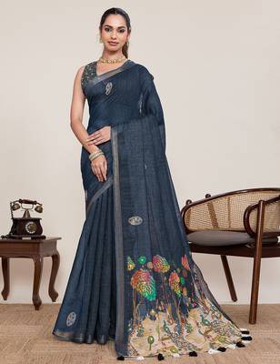 Black linen saree printed floral pallu traditional wedding wear saree with blouse piece set 1