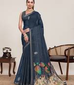 Black linen saree printed floral pallu traditional wedding wear saree with blouse piece set