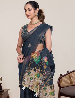 Black linen saree printed floral pallu traditional wedding wear saree with blouse piece set 4