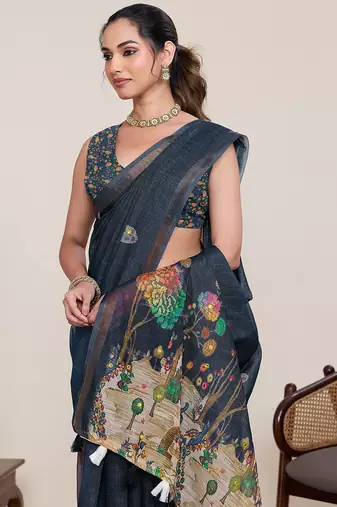 Black linen saree printed floral pallu traditional wedding wear saree with blouse piece set