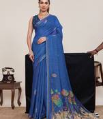 Blue linen printed saree designer border wedding traditional saree with blouse set