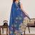 Blue linen printed saree designer border wedding traditional saree with blouse set