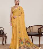 Yellow linen saree printed designer wedding wear traditional saree with blouse piece