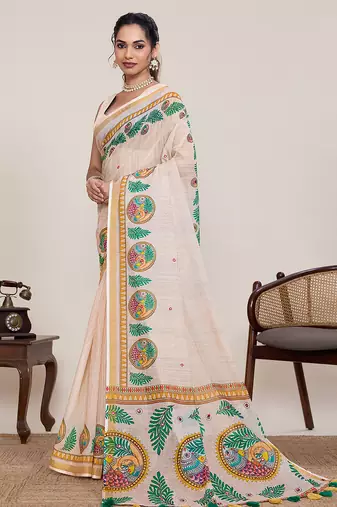 Cream linen saree printed pallu traditional wedding wear saree with blouse elegant style