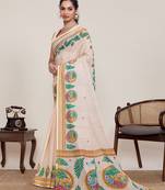 Cream linen saree printed pallu traditional wedding wear saree with blouse elegant style
