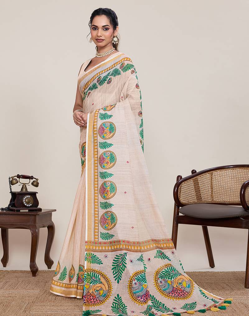 Cream linen saree printed pallu traditional wedding wear saree with blouse elegant style