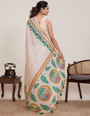 Cream linen saree printed pallu traditional wedding wear saree with blouse elegant style 2