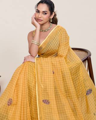 Yellow linen saree printed designer wedding wear traditional saree with blouse piece 4