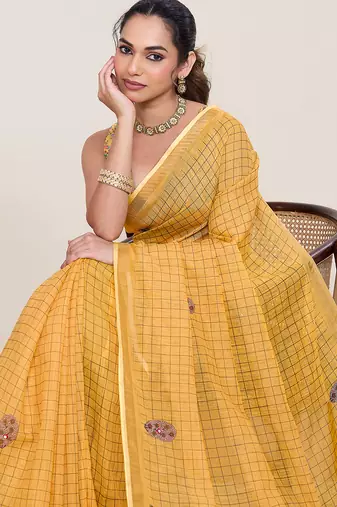 Yellow linen saree printed designer wedding wear traditional saree with blouse piece