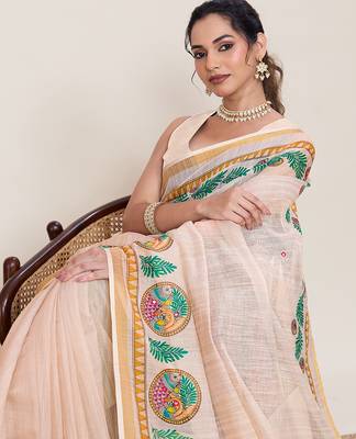 Cream linen saree printed pallu traditional wedding wear saree with blouse elegant style 3