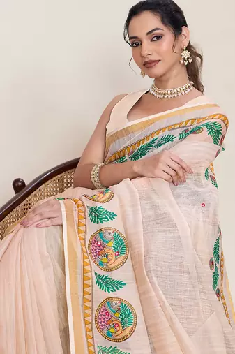 Cream linen saree printed pallu traditional wedding wear saree with blouse elegant style