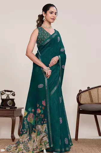 Green linen saree printed designer wedding wear traditional saree with blouse piece