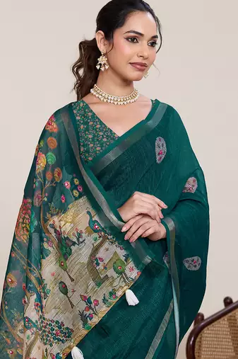 Green linen saree printed designer wedding wear traditional saree with blouse piece