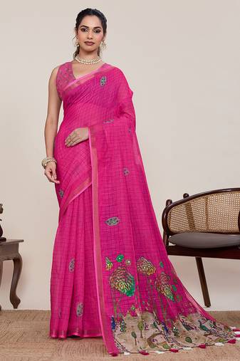 Pink linen printed saree designer border wedding traditional saree with blouse set