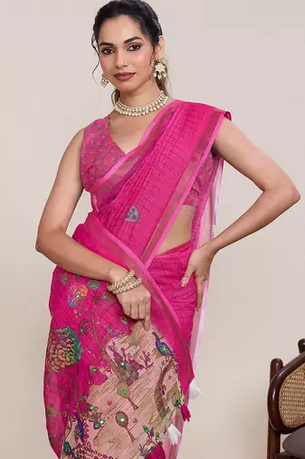 Pink linen printed saree designer border wedding traditional saree with blouse set