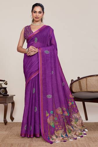 Purple linen saree printed pallu traditional wedding wear saree with blouse elegant style