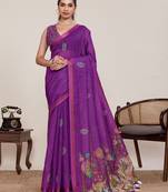 Purple linen saree printed pallu traditional wedding wear saree with blouse elegant style