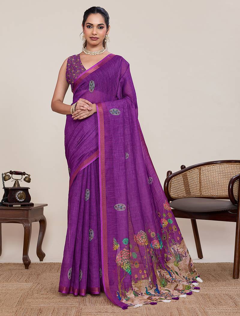 Purple linen saree printed pallu traditional wedding wear saree with blouse elegant style