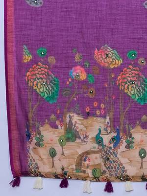 Purple linen saree printed pallu traditional wedding wear saree with blouse elegant style 4