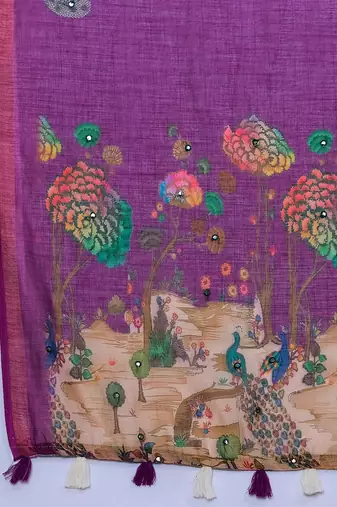 Purple linen saree printed pallu traditional wedding wear saree with blouse elegant style
