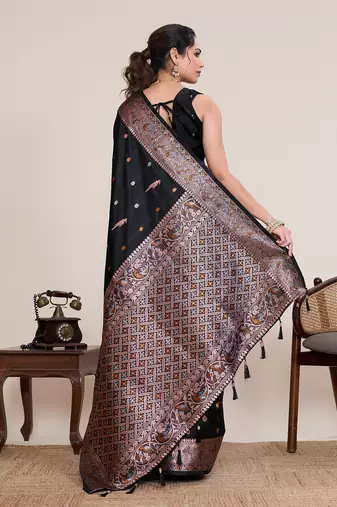 Black jacquard zari woven saree wedding designer heavy border with blouse ethnic party wear