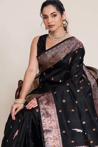Black jacquard zari woven saree wedding designer heavy border with blouse ethnic party wear