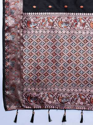 Black jacquard zari woven saree wedding designer heavy border with blouse ethnic party wear 5