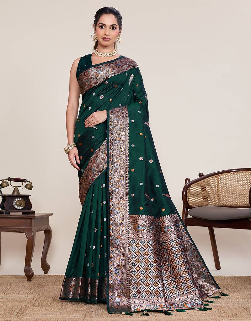 Green jacquard saree sona chandi zari work heavy pallu wedding wear with blouse elegant