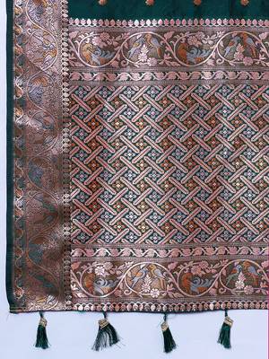 Green jacquard saree sona chandi zari work heavy pallu wedding wear with blouse elegant 5