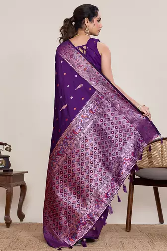 Magenta jacquard silk saree zari woven border designer wedding saree with blouse set