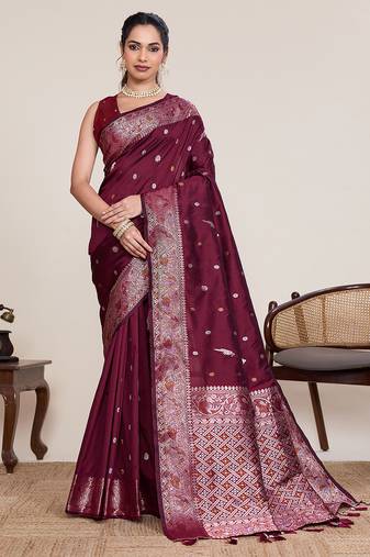 Maroon designer jacquard saree zari woven heavy border festive wedding wear saree with blouse