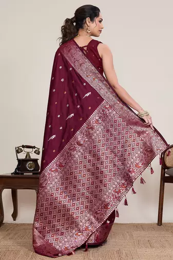 Maroon designer jacquard saree zari woven heavy border festive wedding wear saree with blouse