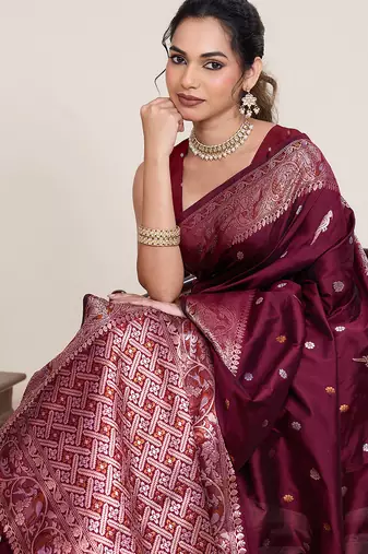 Maroon designer jacquard saree zari woven heavy border festive wedding wear saree with blouse