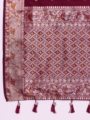 Maroon designer jacquard saree zari woven heavy border festive wedding wear saree with blouse 5