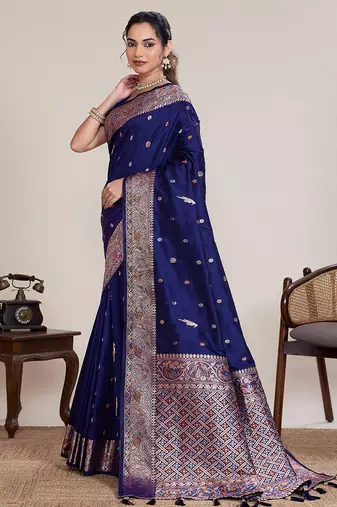 Navy jacquard silk saree traditional zari work heavy pallu party wedding saree with blouse