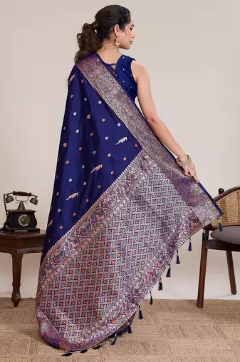 Navy jacquard silk saree traditional zari work heavy pallu party wedding saree with blouse