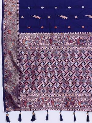 Navy jacquard silk saree traditional zari work heavy pallu party wedding saree with blouse 5