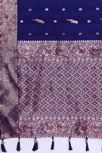 Navy jacquard silk saree traditional zari work heavy pallu party wedding saree with blouse