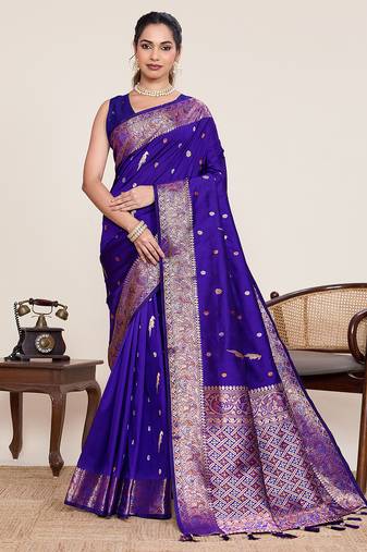 Purple jacquard silk saree zari woven border designer wedding saree with blouse set