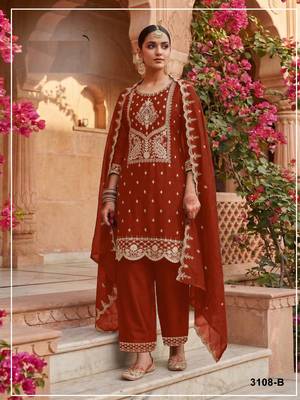 Orange color party wear rangoli silk embroidery work salwar suit 1