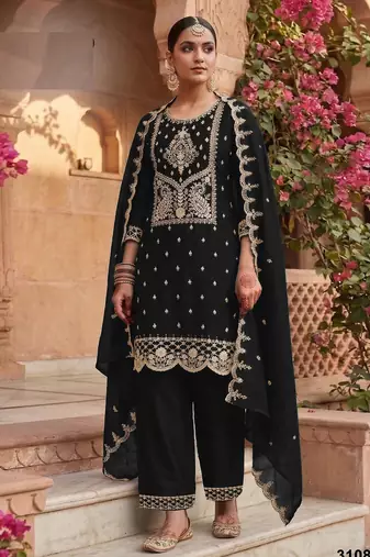 Black color party wear rangoli silk embroidery work salwar suit