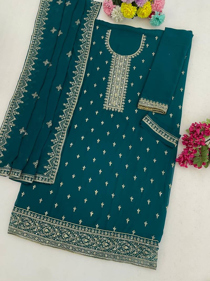 Teal color wedding wear faux georgette pakistani salwar suit